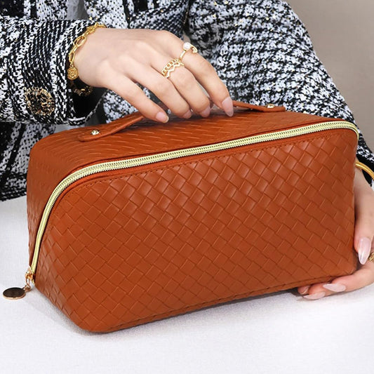 MOMISY Large Capacity Cosmetic Travel Bag, Women's Makeup Travel Bag Portable Leather Cosmetics Bag, Makeup Storage Bags with Handle and Divider, Wide Opening Cosmetic/Makeup Organizer (Woven Brown)