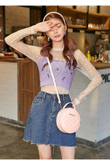 SYGA Women's White Retro Small Round Bag Women's One-Piece Embroidered Crossbody Bag