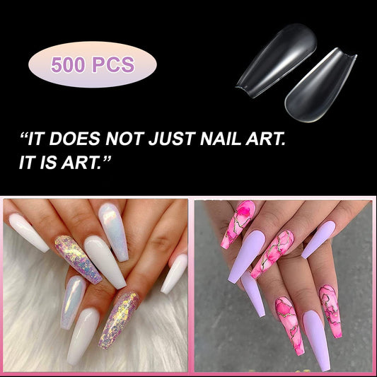 SYGA Tshape False Nails and Glue Bottle Professional Brush On Nail Tip Glue for Press On Nails Fake Nails Long Lasting Press On Nails for Women and Girls- Transparent, 500 pieces