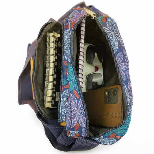 MOMISY Women Mobile Messenger cellphone Bag Ladies Nylon Shoulder Cross Body Long Strap for College, Outing, Travelling, Work (Medium, LineFlower-Blue)