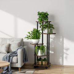 STANSY 5 Tier Plant Stand with Wheels | Multi-Layer Metal Flower Shelf for Indoor & Outdoor Use | Heavy-Duty Wooden Laminate Display Stand for Home, Balcony, Living Room(Mocha Brown + Black 112cm)