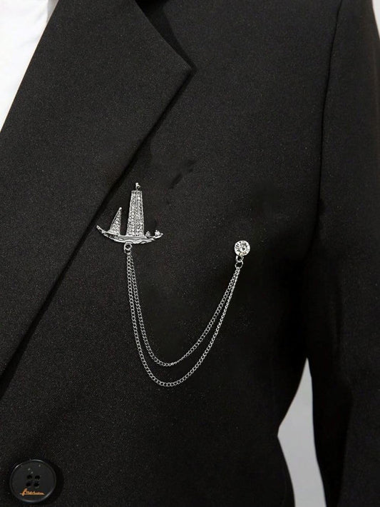 SYGA Men's & Women Suit Shirt Stud Lapel Pin Chain Tassel Brooch Pin with Crystal Chain(silver sail)