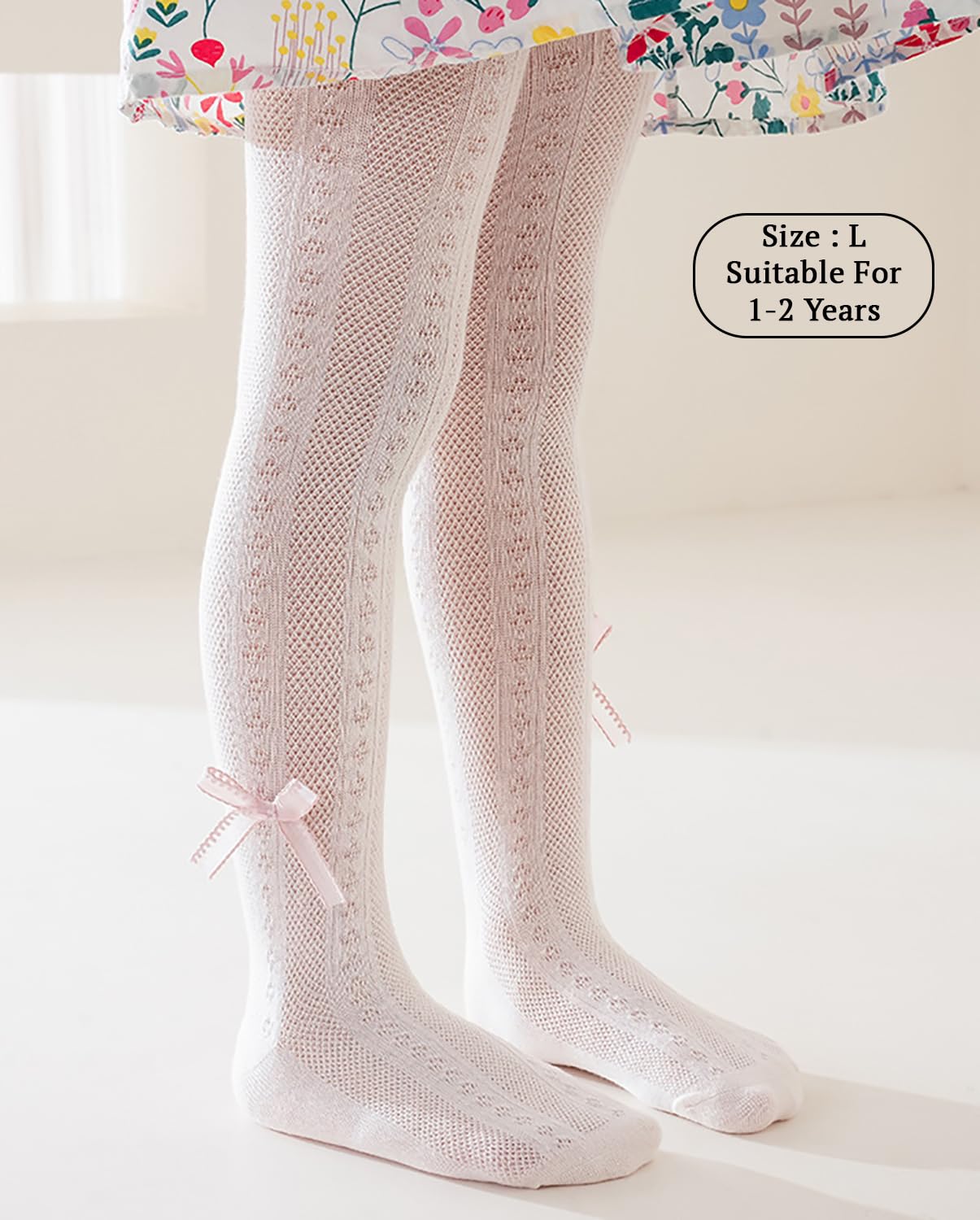 SYGA Baby Girls' Anti-Mosquito Cotton Thin Mesh Stockings with Bow Design Size L 1-2 Years(Pink)