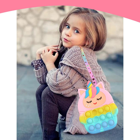 SYGA Children Pop It Fidget Cat Unicorn Pattern Silicone Bag Kids Push Popper Educational Decompression Bubble Shoulder Bag (Camo Pink)