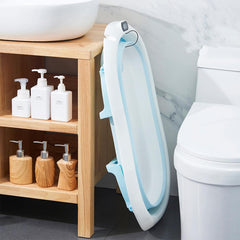 SYGA Baby Bath Tub, Foldable Bathtub with Support Cushion, Drain Plug,Stable Anti-Skid Collapsible Infant Shower Basin for Toddlers Newborns Bathing_Blue