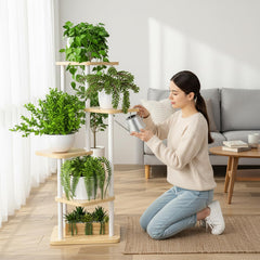 STANSY 5 Tier Plant Stand with Wheels | Multi-Layer Metal Flower Shelf for Indoor & Outdoor Use | Heavy-Duty Wooden Laminate Display Stand for Home, Balcony, Living Room(Light Walnut + White, 106cm)