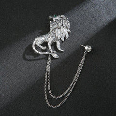 SYGA Men's & Women Suit Shirt Stud Lapel Pin Chain Tassel Brooch Pin with Crystal Chain(ancient silver lion)