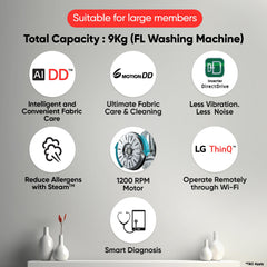 LG Smart Choice, 9 Kg, 5 Star, AI Direct Drive Technology, Steam, 6 Motion DD & Wi-Fi Fully-Automatic Front Load Washing Machine (FHP1209Z5M, Intelligent & Convenient Fabric Care, Middle Black)