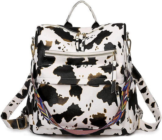 MOMISY Backpack Women handbag and Shoulder Bag PU Leather Travel Waterproof Ladies Girls College- Beige Cow