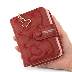 SYGA Women's Short Zipper Buckle Heart Shaped Wallet with Key Chain, Cute for Girls Pu Leather Wallet Coin & Card Purse(Mickey Red)