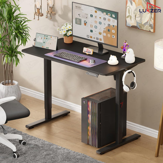Lukzer Electric Automatic Height Adjustable Sit Stand Desk | Black Frame Black Top | Ergonomic Study Table with Digital Display & Memory Preset Option for Home & Office (EST-003/70 x 110 x 60cm)