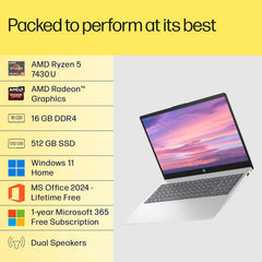 HP 15, AMD Ryzen 5 7430U (16GB DDR4, 512GB SSD) FHD, Anti-Glare, Micro-Edge,15.6''/39.6cm, Win11, M365 Basic(1yr)* Office24, Silver,1.59kg, fc0389AU, AMD Radeon, FHD Camera w/Shutter, Backlit Laptop