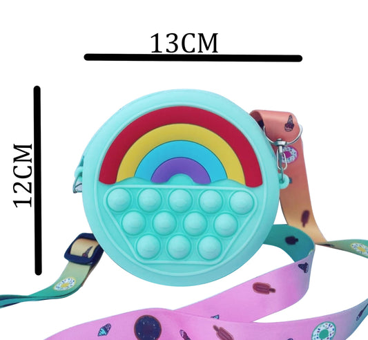 SYGA Children Pop It Fidget Rainbow Pattern Silicone Bag Kids Push Popper Educational Bubble Shoulder Messenger Bag (Blue)