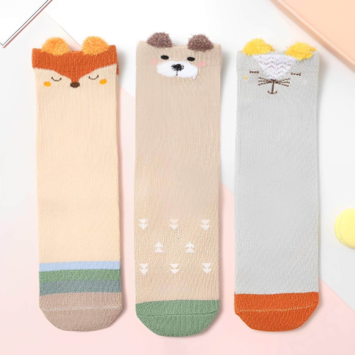 SYGA 3 Pairs Baby Cotton Long Tube Over-the-Knee Socks - Spring and Autumn, Suitable for 0-3 Years Old(Sleepy Bear)