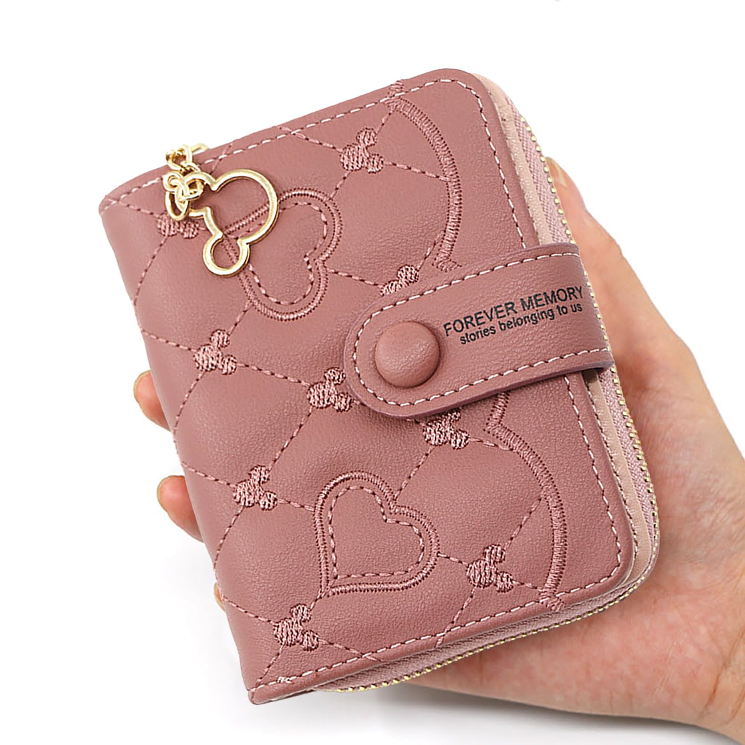 SYGA Women's Short Zipper Buckle Heart Shaped Wallet with Key Chain, Cute for Girls Pu Leather Wallet Coin & Card Purse(Mickey Pink)