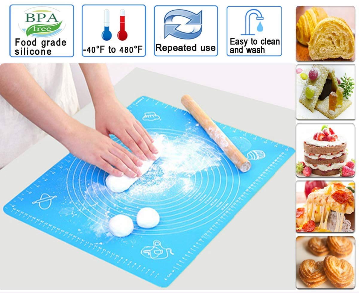 SYGA Silicone Baking Mat for Pastry Rolling Dough with Measurements - 19.7" x 15.7" BPA Free Non Stick and Non Slip Blue Table Sheet Baking Supplies for Bake Pizza Cake_Blue