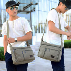 MOMISY Canvas Sling Cross Body Bag Travel Side Bag Office Messenger Bag Business Bag Multi Pocket Shoulder Bag Money Bag for Adults, Men and Women (Army Green)
