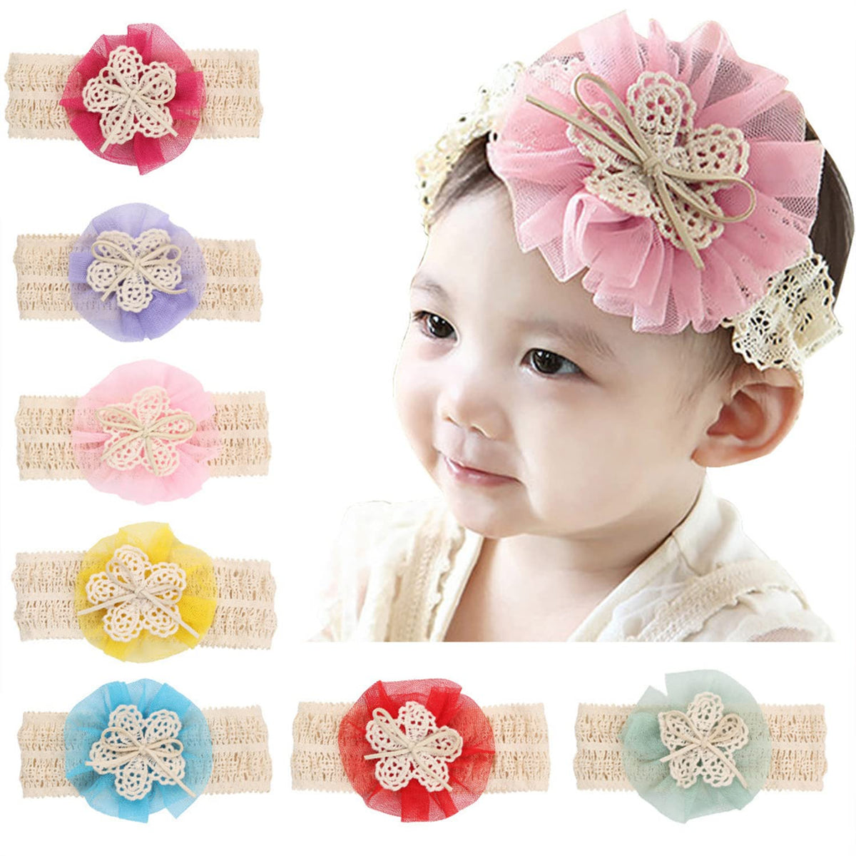 SYGA Pack Of 5 Pcs Baby Headbands Nylon Soft Flower Strechable Hairbands Bow Headband Newborn Infant Toddlers Kids 0-3 Year(Multicolor)