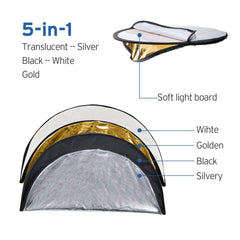 SYGA Round Shape 5-in-1 Collapsible Multi-Disc Light Reflector with Bag - Translucent, Silver, Gold, White and Black(110cm)