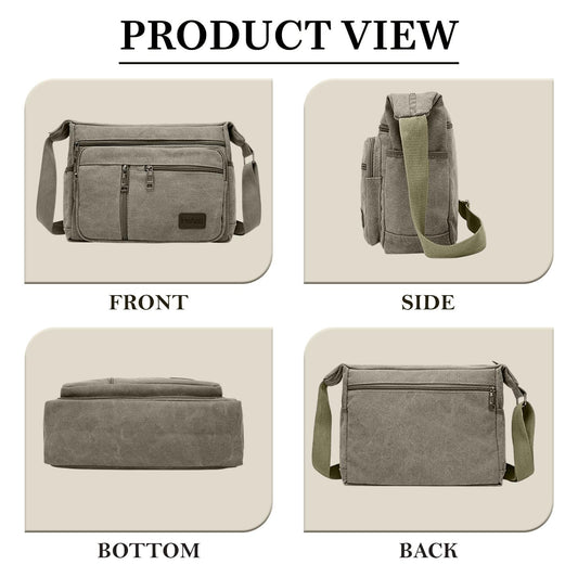 MOMISY Canvas Sling Cross Body Bag Travel Side Bag Office Messenger Bag Business Bag Multi Pocket Shoulder Bag Money Bag for Adults, Men and Women (Army Green)