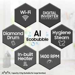 Samsung 8 kg, 5 star, AI Control, AI Eco Bubble, Wi-Fi, Digital Inverter, Motor, Fully-Automatic Front Load Washing Machine (WW80T504DAX1TL, Hygiene Steam, Inox)