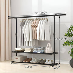 STANSY Garment Rack Freestanding Hanger, Metal Clothing Storage Rack with Double Shelves, Black, Multi-Functional Clothes Stand for Bedroom, Closet, Boutique