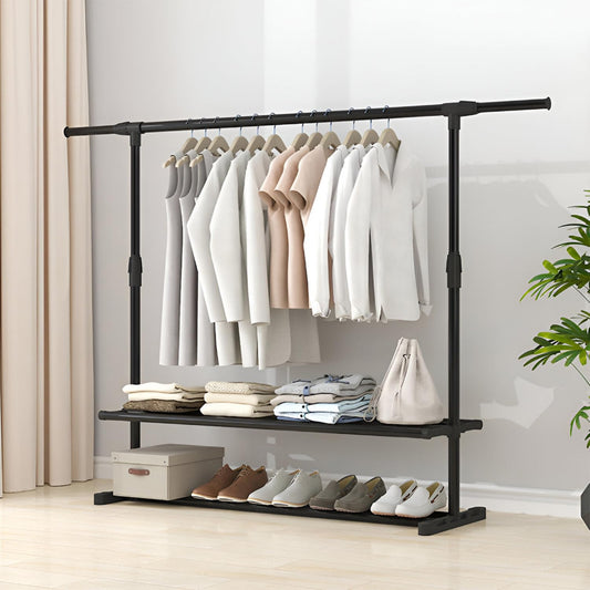 STANSY Garment Rack Freestanding Hanger, Metal Clothing Storage Rack with Double Shelves, Black, Multi-Functional Clothes Stand for Bedroom, Closet, Boutique