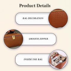 MOMISY Large Capacity Cosmetic Travel Bag, Women's Makeup Travel Bag Portable Leather Cosmetics Bag, Makeup Storage Bags with Handle and Divider, Wide Opening Cosmetic/Makeup Organizer (Woven Brown)