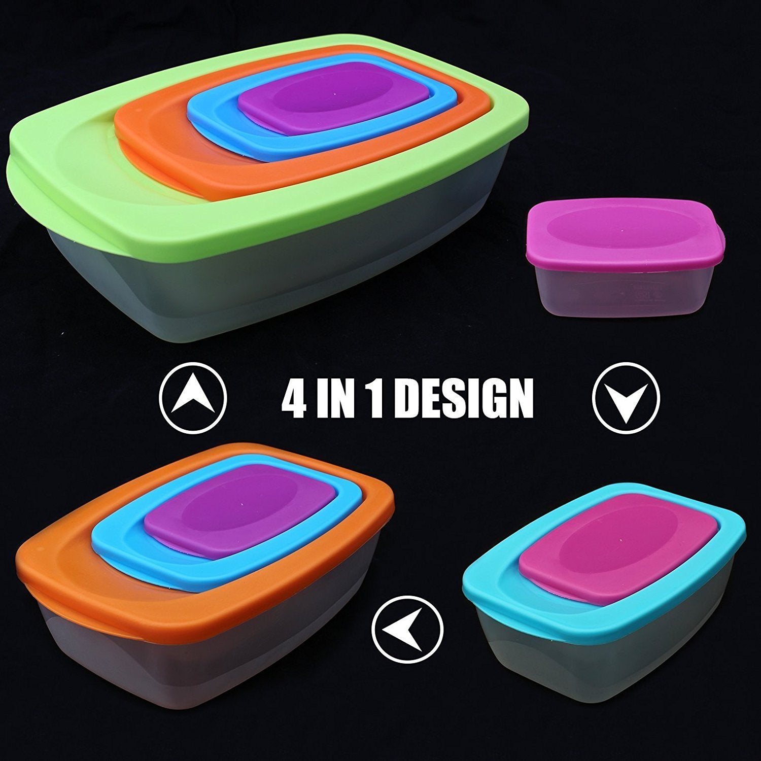SYGA Ractangle Shape Food Storage Container Set with Multi Colored Lids,BPA-Free Plastic 4 Container