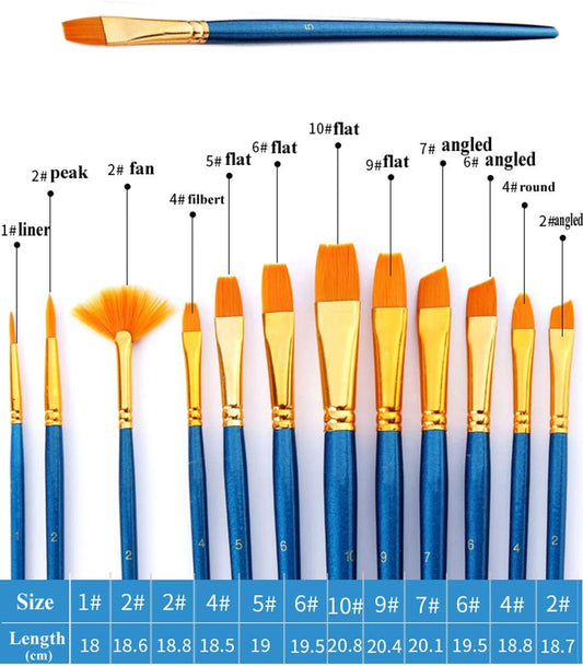 Syga Set of 12 Blue Nylon Soft Bristles Paint Brushes Ideal for Acrylics,Watercolor & Oil