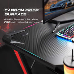 White Mulberry Gaming Desk, Computer Desk with Carbon Fiber Surface, Z Shaped Gaming Table, Computer Table, Workstation, Home Office Desk with Cup Holder and Headphone Holder | (117 * 67 * 71 CM)
