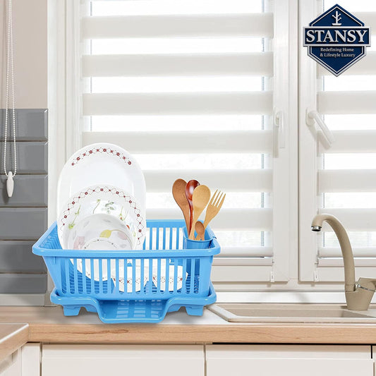 STANSY Plastic Dish Drainer with Cutlery Holder & Drain Tray, Blue, 45 x 32 x 18 cm