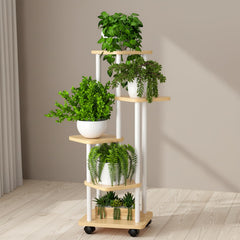 STANSY 5 Tier Plant Stand with Wheels | Multi-Layer Metal Flower Shelf for Indoor & Outdoor Use | Heavy-Duty Wooden Laminate Display Stand for Home, Balcony, Living Room(Light Walnut + White, 112cm)
