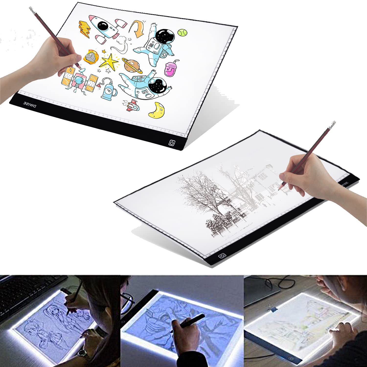 SYGA Dwise A3 Size LED Lighted Drawing Tracing Board with 3 Adjustable Brightness Touch Button with Scale Measurement, White & Black