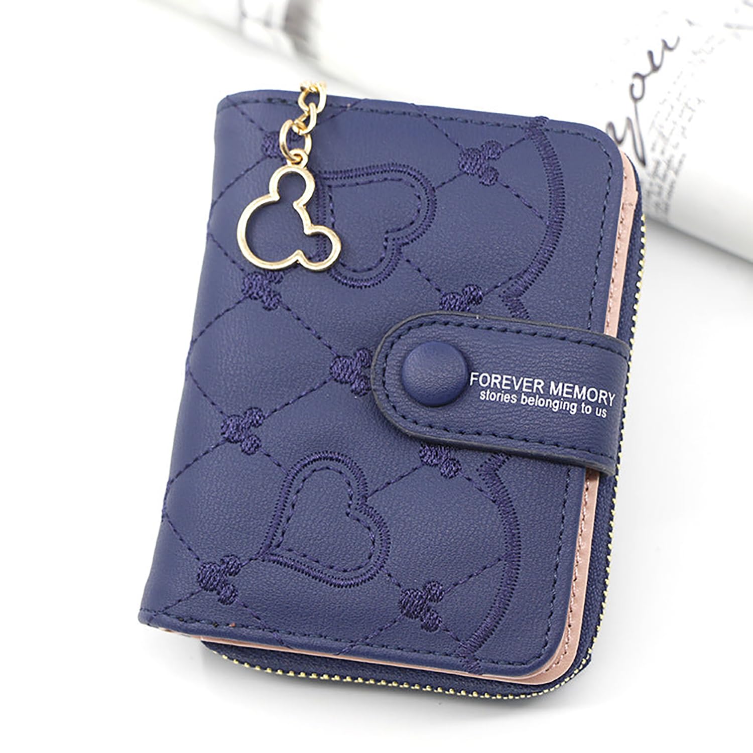 SYGA Women's Short Zipper Buckle Heart Shaped Wallet with Key Chain, Cute for Girls Pu Leather Wallet Coin & Card Purse(Mickey Blue)