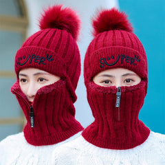 SYGA Unisex Winter Women Cap Wool Cap Smiley Zipper Pom Pom Hat Above 15 Year - Beige