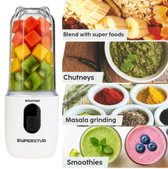 SUPERSTUD Blender Mixer Grinder | Mini Blender for Smoothies & Juices | 2-Jar Capacity (500ml*2) | 230W | 6 Blade || Type-C Charging & Battery Indicator | Auto-Stop After 40s (White)