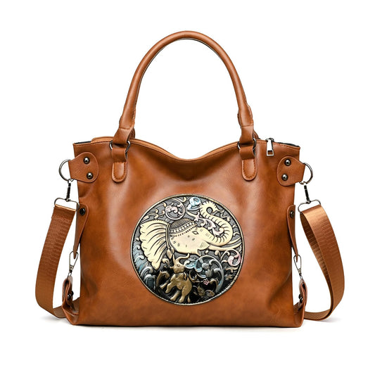 SYGA Women Vintage Tote Bag with Artistic Elephant Design – Retro Style, Adjustable Strap, Zipper Closure