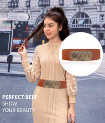 SYGA Women Cinch Belt, PU Leather Stretchy Waist Belt with Woven Metal Buckle, Retro Style Camel