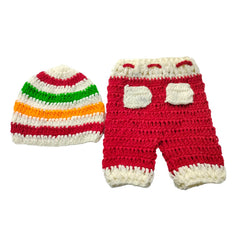 MOMISY Newborn Photography Prop Set, Crochet Striped Cap and Red Pants, Handmade Costume