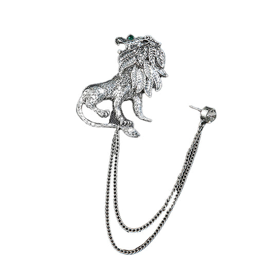 SYGA Men's & Women Suit Shirt Stud Lapel Pin Chain Tassel Brooch Pin with Crystal Chain(ancient silver lion)