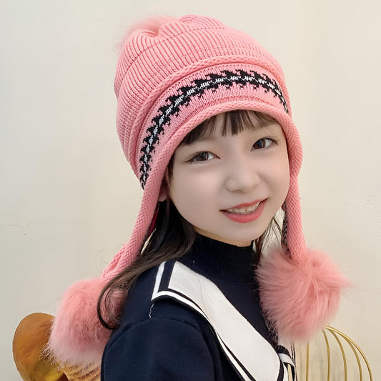 MOMISY Girl's Winter Warm Pom-Pom Balaclava Hat Full Cover Earflap Hood Cap_5-10 Years (Pink)