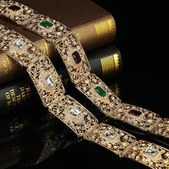 SYGA Women's Wedding bridal waist chain Middle Eastern Metal Hollow Carved Rhinestone Inlaid Belt Robe Girdle Accessories(Gold+White)