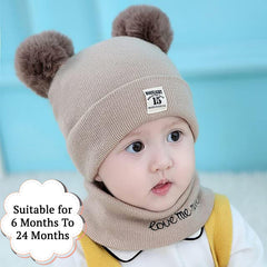 SYGA Woolen Baby Cap Knit Hat Scarf Unisex Winter Pom Pom Cap Neck Warme 6 Month to 24 Month Baby - Beige