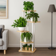 STANSY 5 Tier Plant Stand with Wheels | Multi-Layer Metal Flower Shelf for Indoor & Outdoor Use | Heavy-Duty Wooden Laminate Display Stand for Home, Balcony, Living Room(Light Walnut + White, 106cm)
