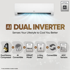 LG 1.5 Ton 5 Star DUAL Inverter Split AC (Copper, AI Convertible 6-in-1, VIRAAT Mode, Faster Cooling & Energy Saving, 4 Way Swing, HD Filter with Anti-Virus Protection, US-Q19QNZE1, White)