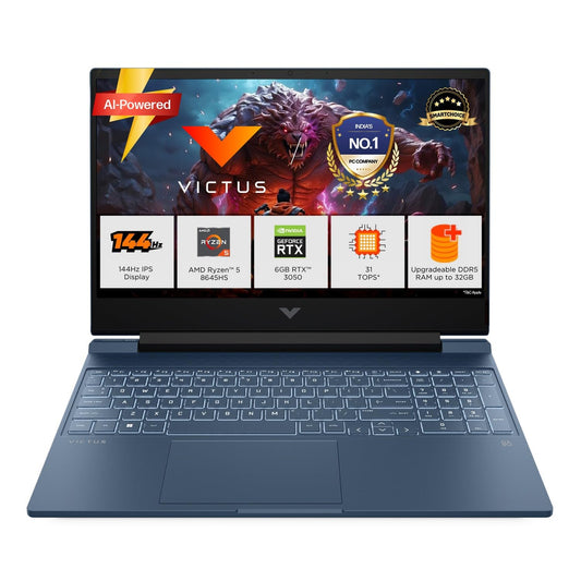 HP Smartchoice Victus, AMD Ryzen 5 8645HS, 6GB RTX 3050, 31 Tops, 16GB DDR5(Upgradeable) 512GB SSD, 144Hz, 300nits, FHD, 15.6"/39.6cm, Win11, M365* Office24, Blue, 2.3kg, fb3009AX, AI Gaming Laptop