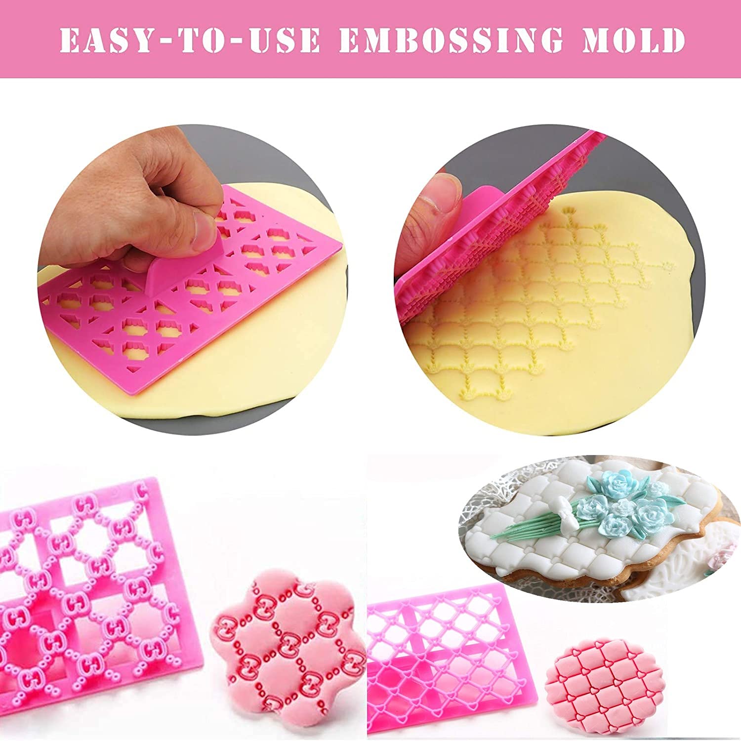 SYGA Cake Fondant Embossing Mold Multifunctional Patterns Embosser Cookie Cutter Molds Plastic Impression Mats Texture Lace Border Baking Mould Bakeware for Cupcake Wedding Cake Decoration Tools-6pcs