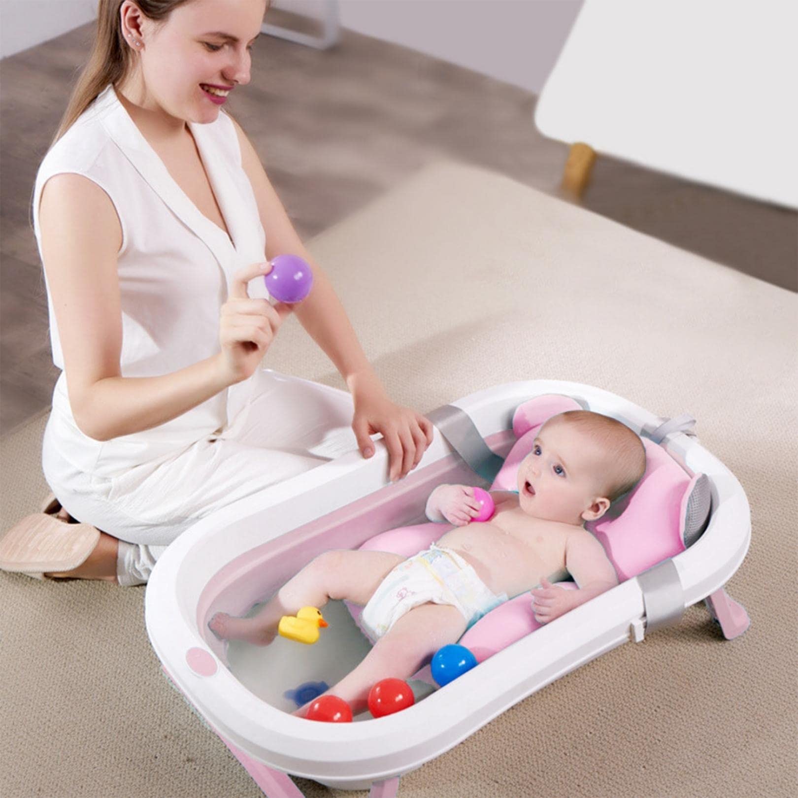 SYGA Baby Bath Tub, Foldable Bathtub with Support Cushion, Rinser