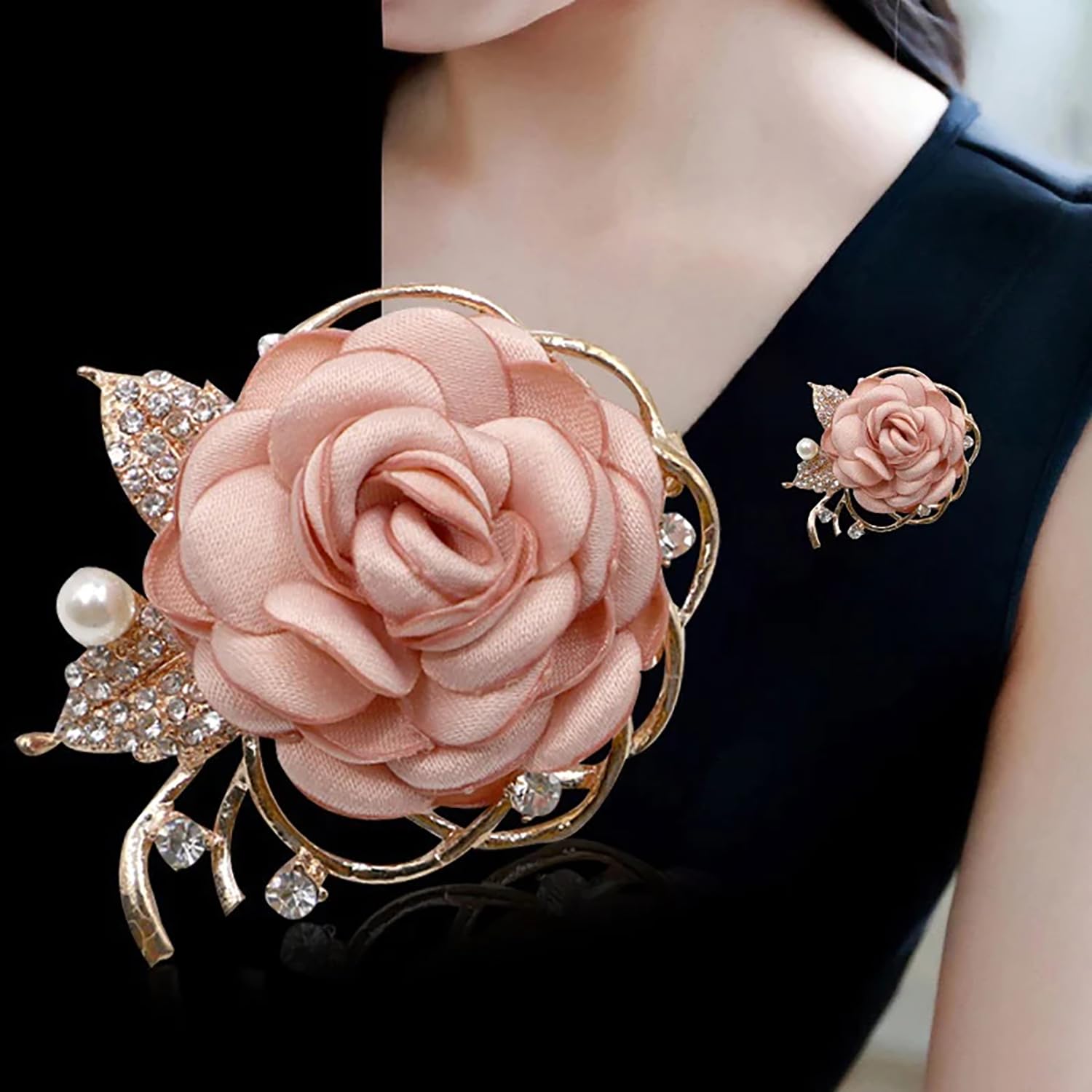 SYGA Women's Floral Brooch Pin with Rhinestones and Pearls (Pink)